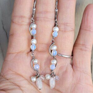 Gorgeous! Handmade 925 sterling silver pearl, opalite, and quartz leverback long